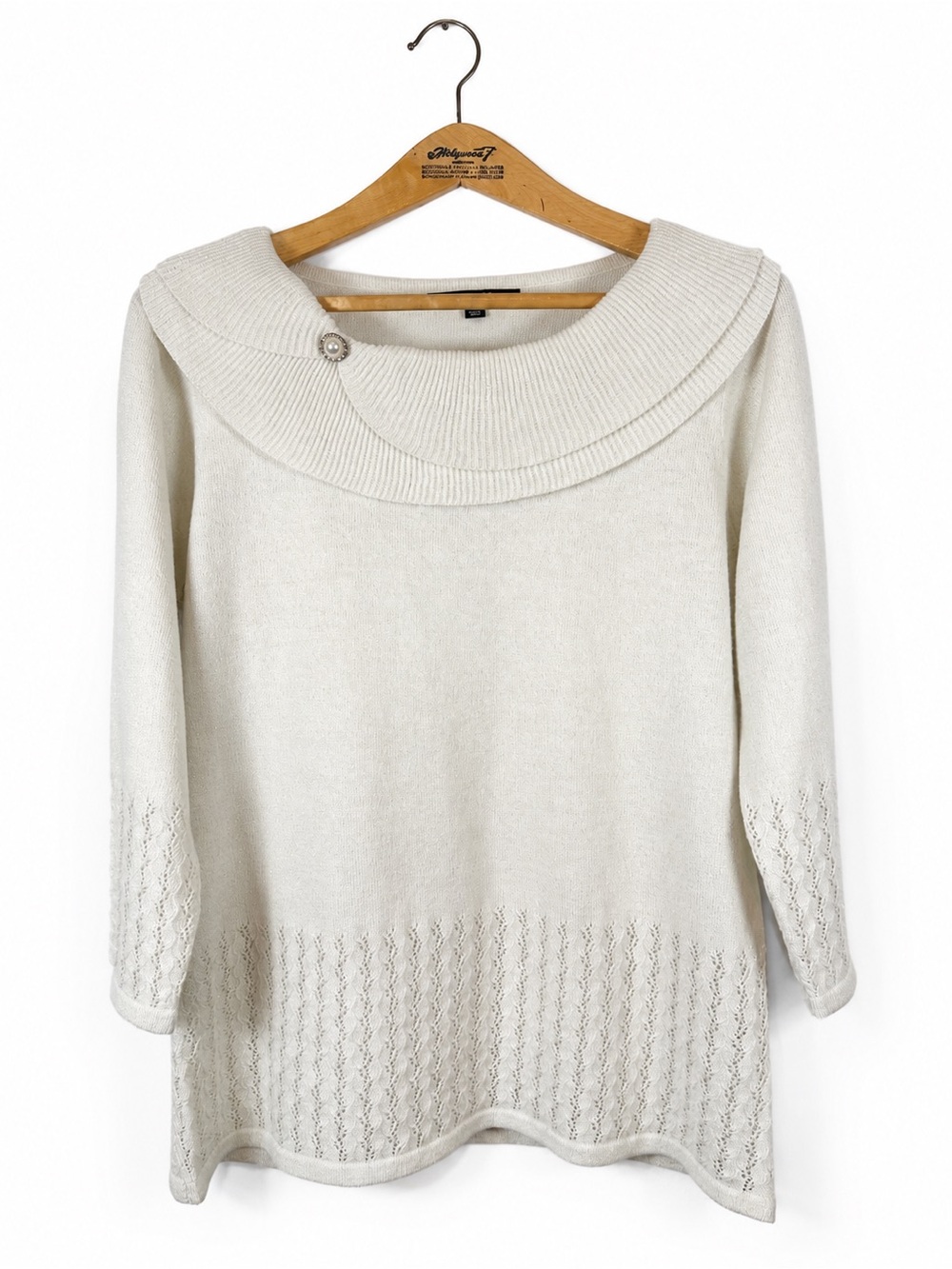 BRIGGS Cream Delicate Ribbed Collar Knit Sweater with Pearl Detail Women's L
